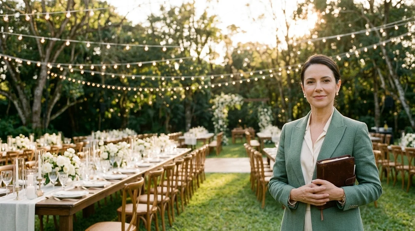 Recepção de casamento ao ar livre com mesa comprida, varal de luzes e a Aline de pé à direita, com a agenda na mão