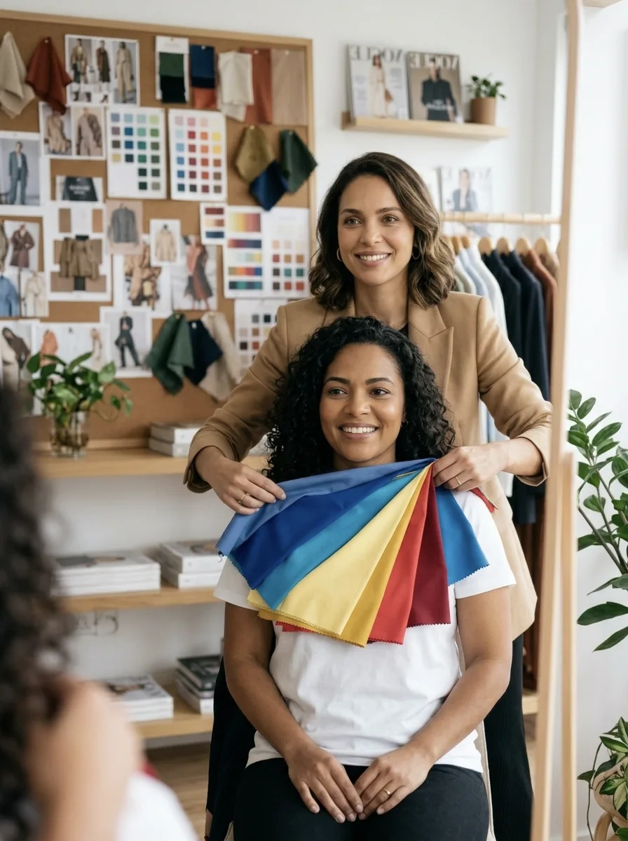 Isadora fazendo análise de coloração com tecidos coloridos no colo de uma cliente diante do espelho