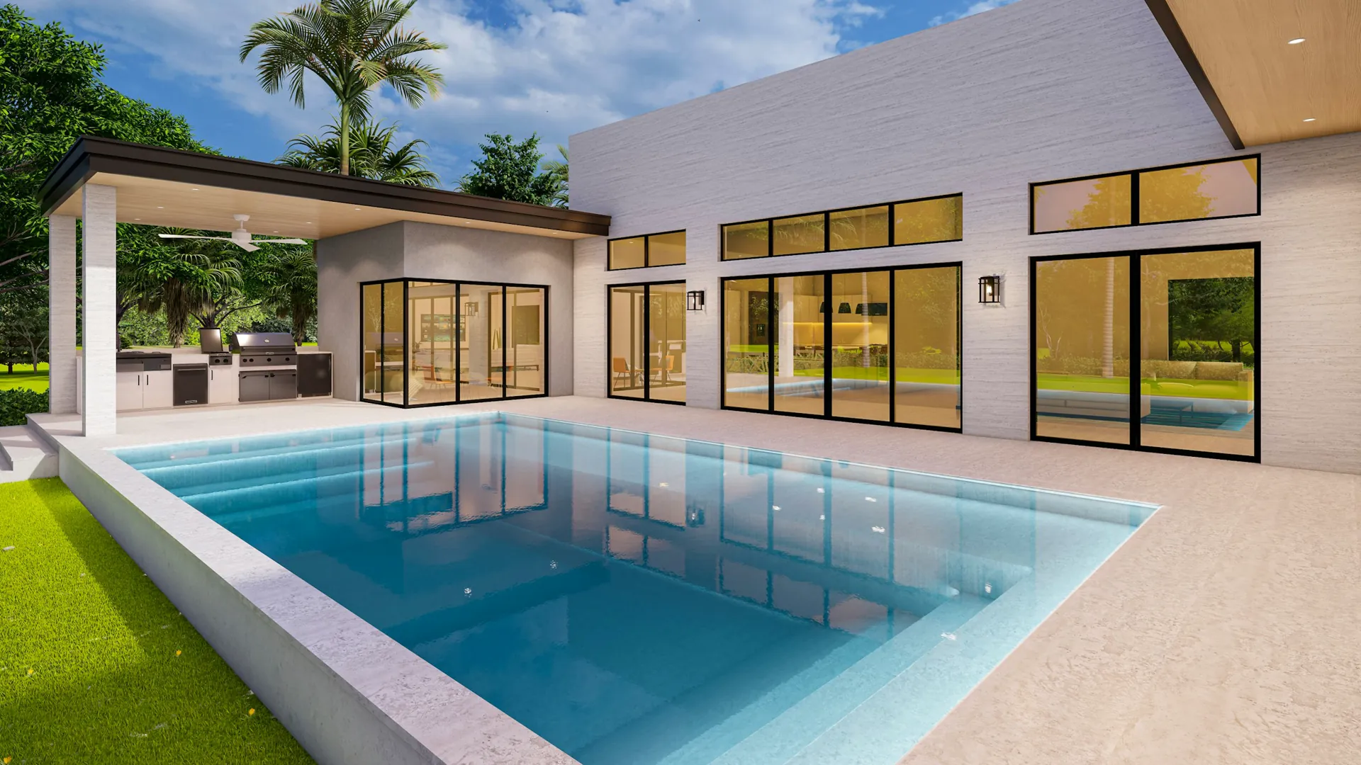 Casa de alto padrão com piscina ao entardecer