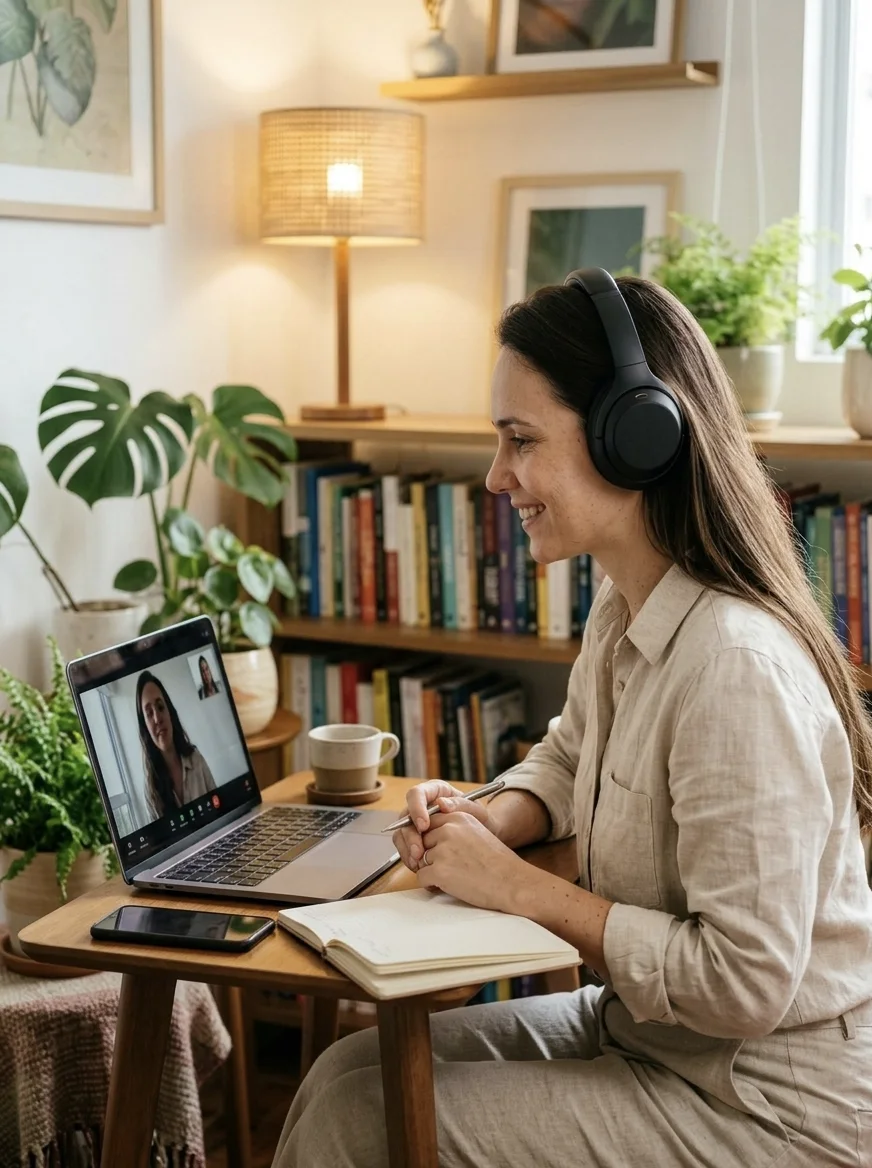 Fernanda em atendimento online pelo notebook, com fone de ouvido