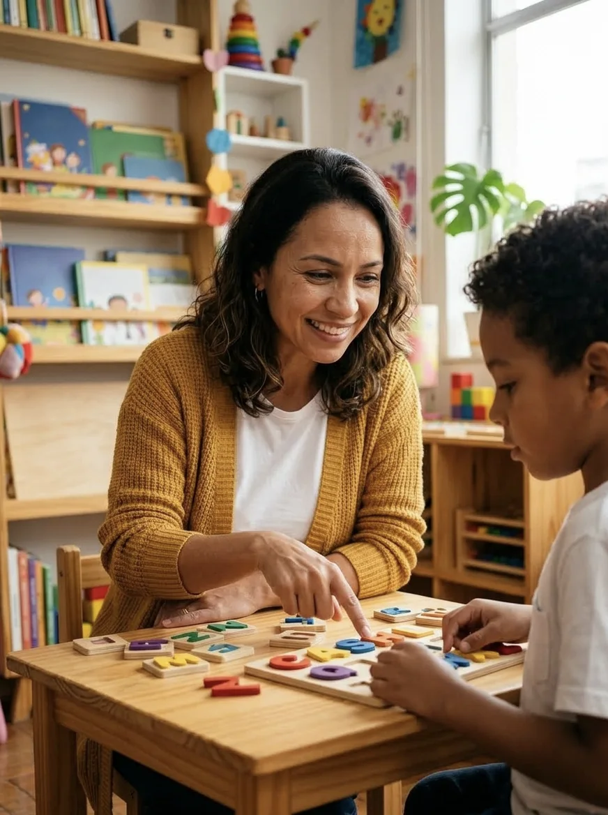 Helena numa mesinha com um menino de 8 anos montando palavras com letras de jogo
